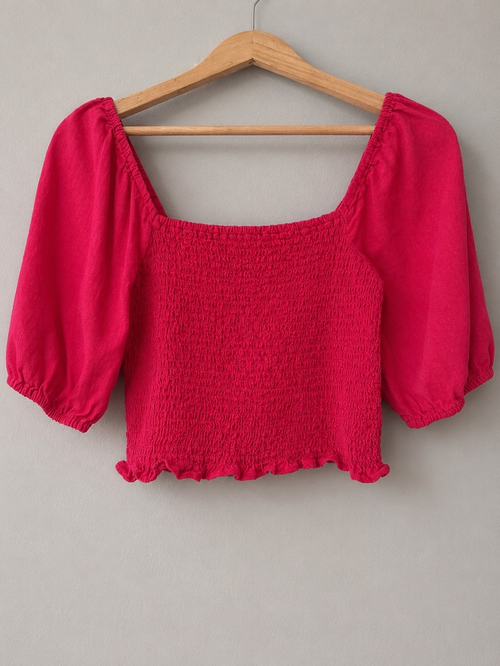 Pink Smocked Crop Top Puff Sleeve Linen Blend Women’s S